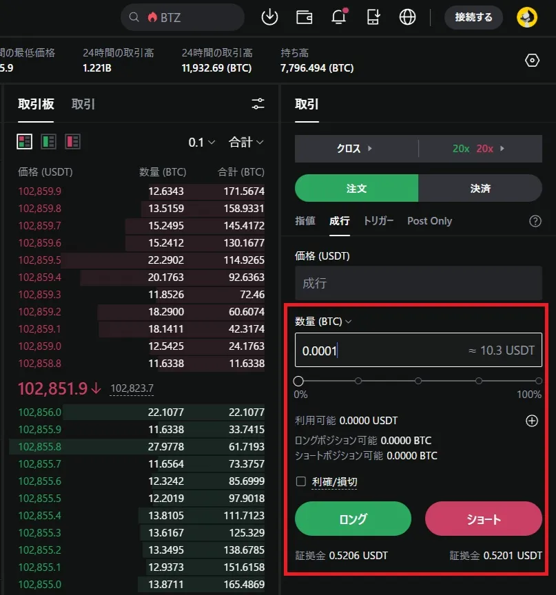 レバレッジの設定を変更後、数量を入力し、「ロング」もしくは「ショート」をクリックすれば注文可能