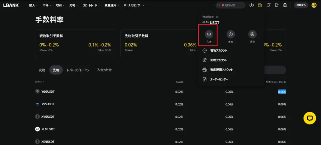 入金をクリックし、仮想通貨を送金する準備を始める