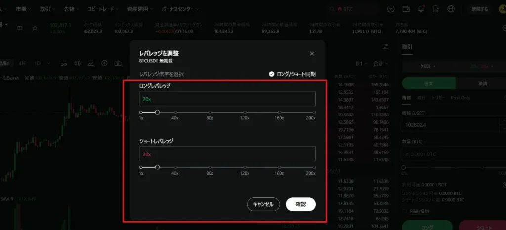 レバレッジの設定を変更し、確認をクリック